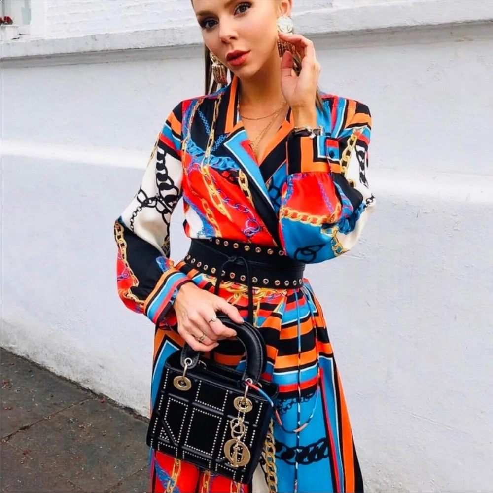 ZARA NWT BLOGGER FAVE Blue & Orange Chain Print Scarf Midi Shirt Dress Sz S - Picture 6 of 13